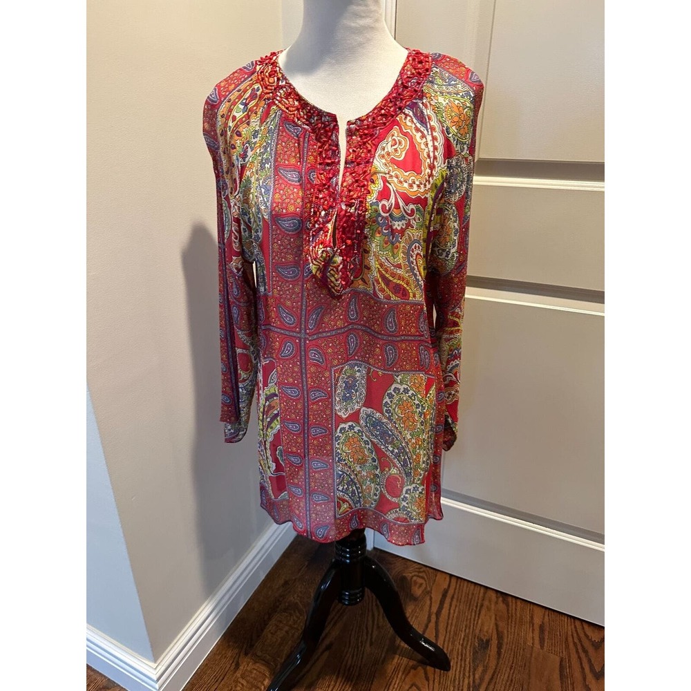 NWOT DASLU Sao Paulo Red and Multi Crinckle Silk Tunic SZ Brazilian G/US 10